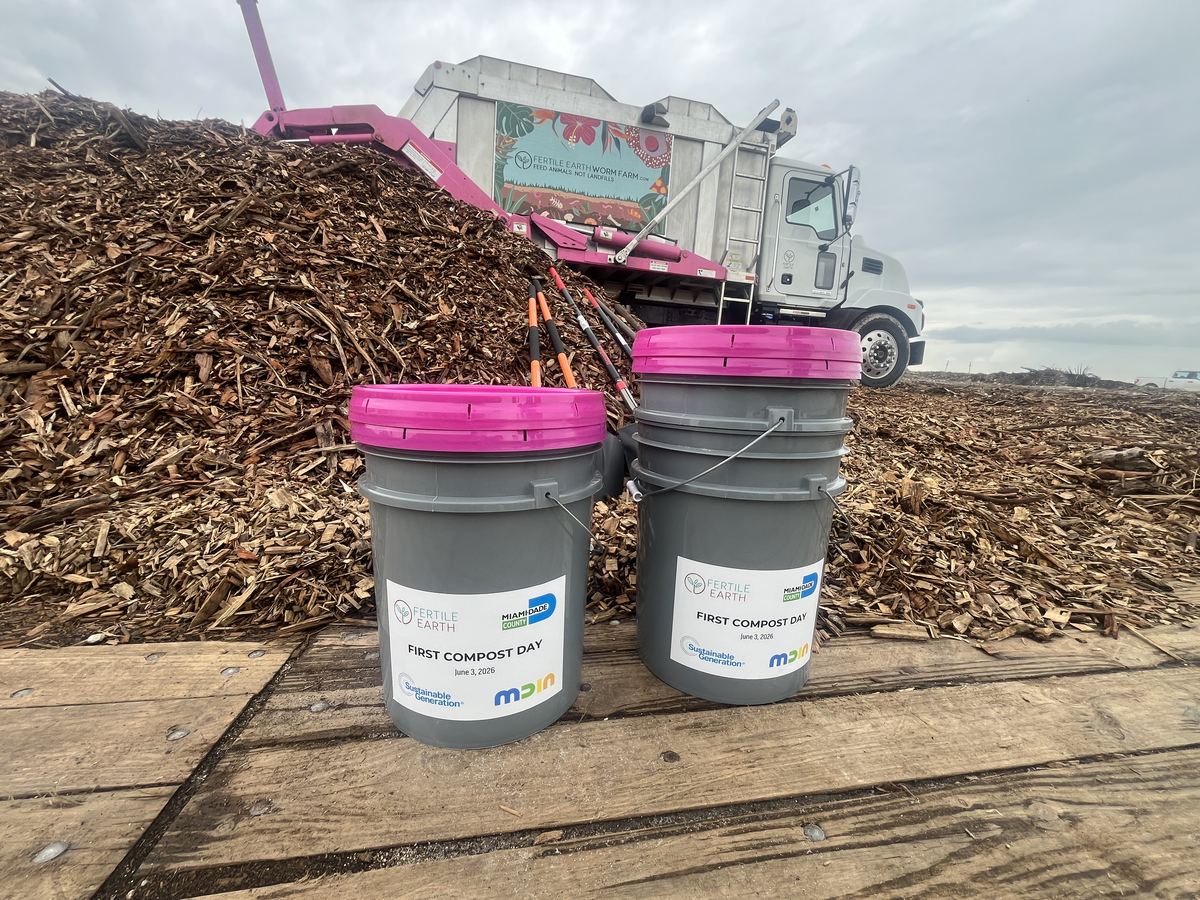 First Compost Day buckets labeled June 3, 2026 at the MDIA Composting Pilot kickoff