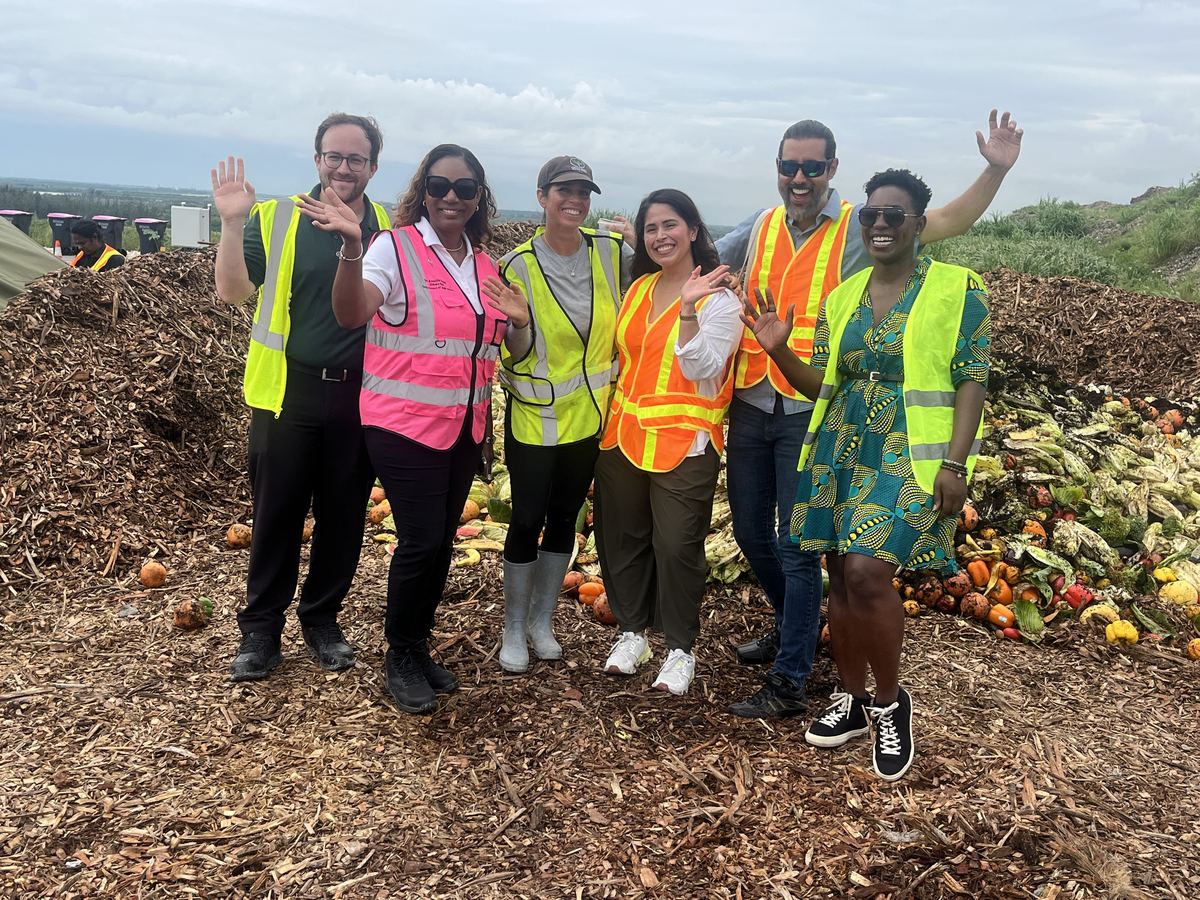 Group photo at the MDIA Composting Pilot kickoff — Nick Ciancio, Dr. Aneisha Daniel, Dr. Lanette Sobel, Loren Parra, Rashid Istambouli, and Leigh-Ann A. Buchanan