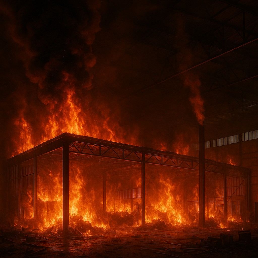 Illustration of a fire in an industrial facility