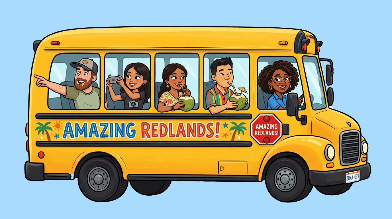 Amazing Redlands bus tour promotional graphic.
