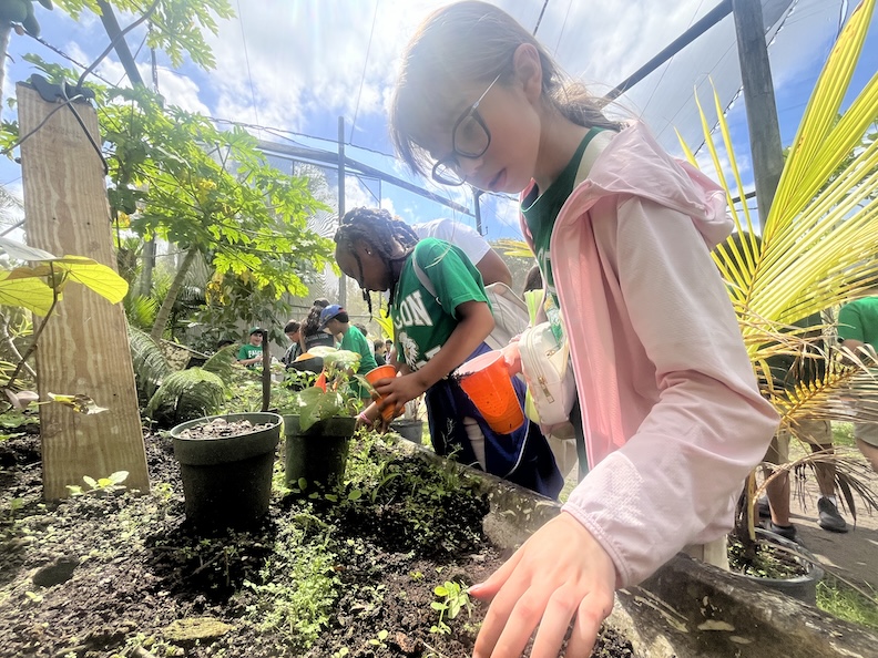 Student digging in the soil during a hands-on field trip activity.