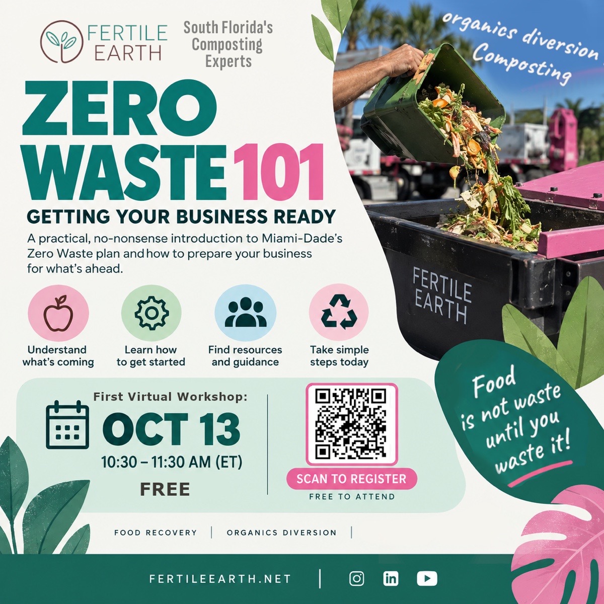 Zero Waste 101: Getting Your Business Ready — free monthly virtual workshop flyer from Fertile Earth